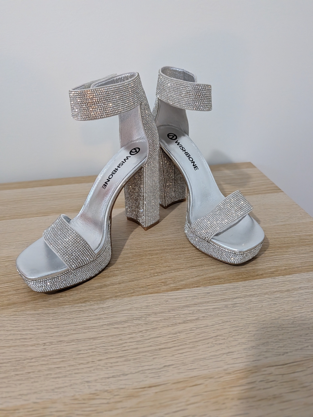 Wishbone Silver Crystal Platform Block Heels